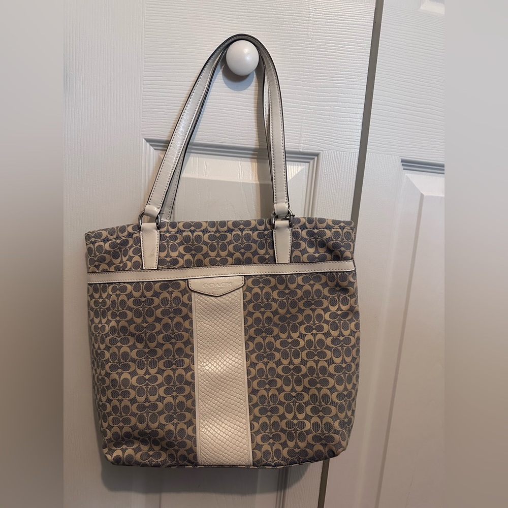 2013 Coach Stripe Jacquard Tote Blue White Leather Snake Skin Tan Khaki